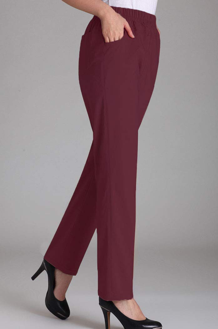 Soojun Womens Summer Elastic Waist Comfy Stretch Pull On Pants, Burgundy, X-Large - Image 1